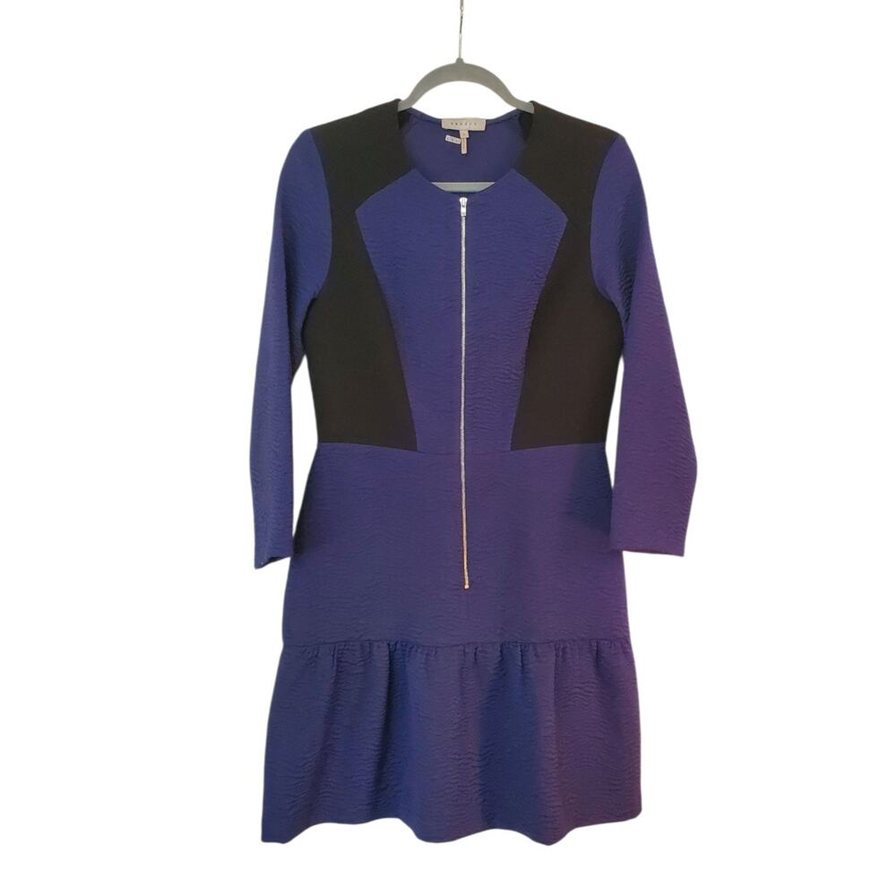 Sandro Paris Long Sleeve Dark Blue Black Crepe Color-Blocked Mini Dress, Size 8